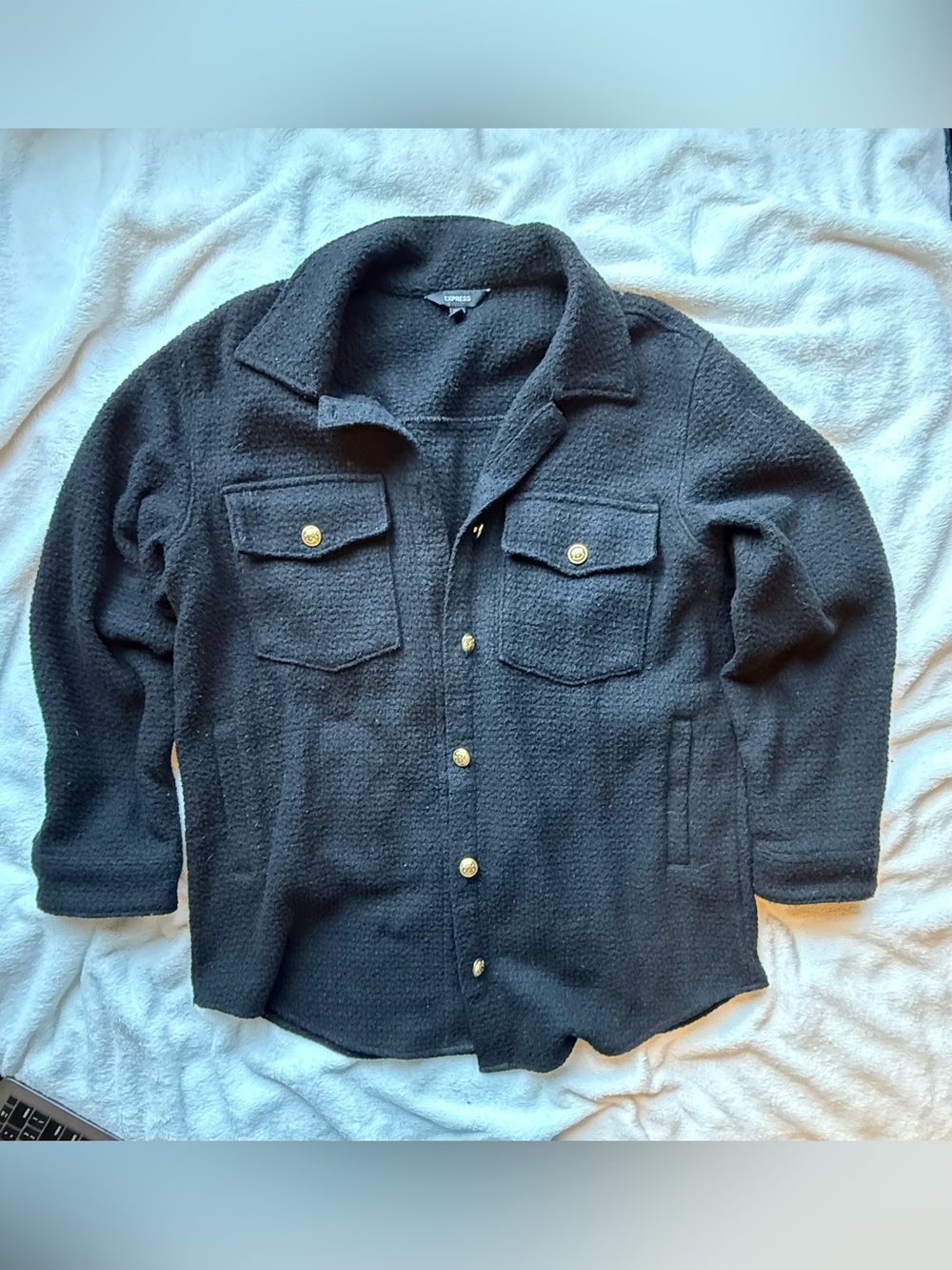 Express Black Boucle Knit Shacket Jacket Gold Crest Buttons Large
